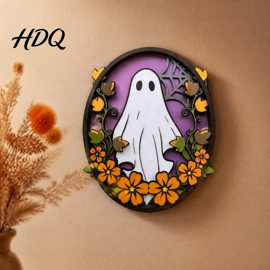 Halloween Wall Decor Oval Sign Layered Wooden Cute Ghost Bat Spooky Home Decorations Pumpkin Witch Designs Festive Art Decoration for Interior Retro