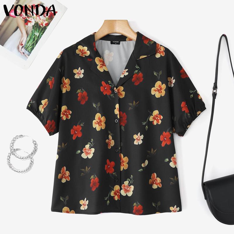 VONDA Summer Vintage Women V Neck Short Sleeve Floral Print Holiday Casual Blouse