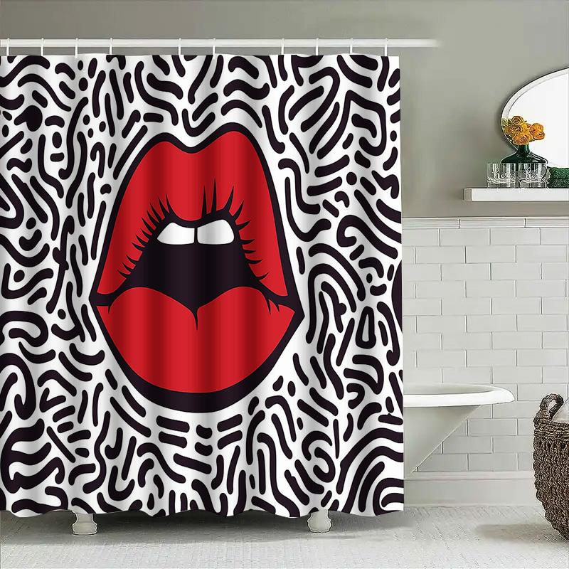 Hippie Lip Print Shower Curtain Waterproof Bathroom Decor Modern Design Black White Red Pattern 3D Printed Fabric Shampoo Bottle