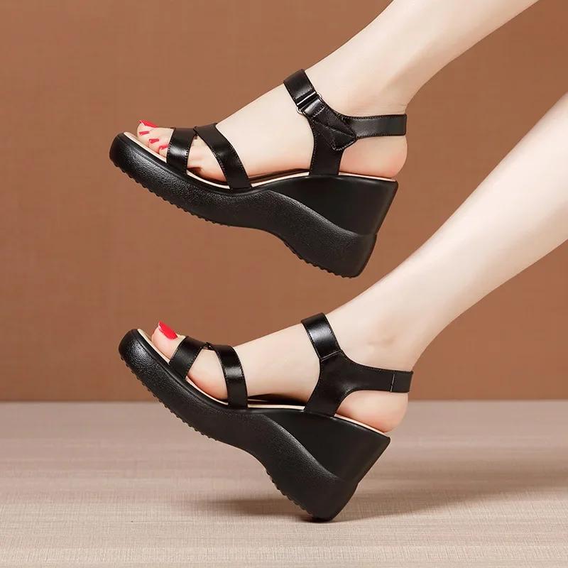 8cm Small Size 32-43 Comfortable Soft Leather Sandals Platform Wedges Shoes 2025 Summer Womens High Heels Sandals Office Mom