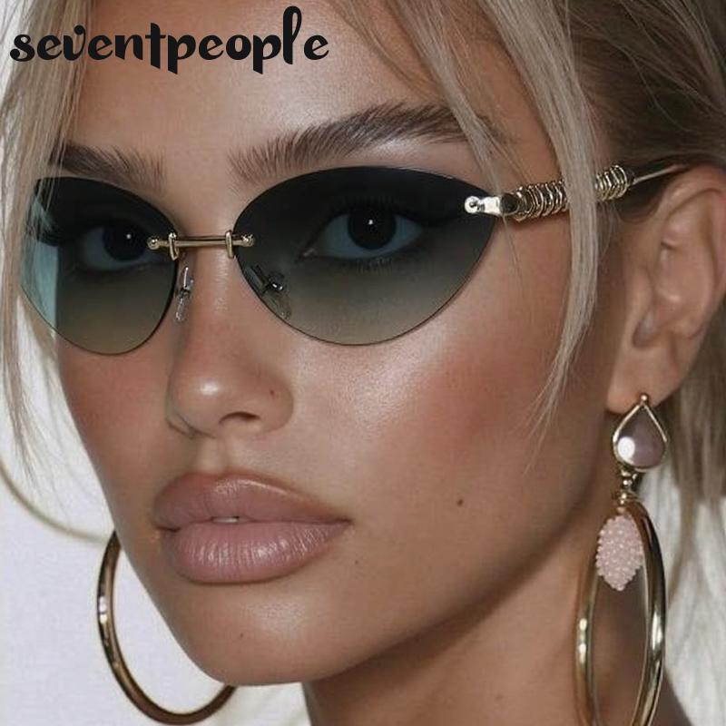 Small Frame Sexy Cat Eye Sunglasses Women  Luxury Brand Trendy Steampunk Rimless Sun Glasses Vintage Metal Punk Shades UV400