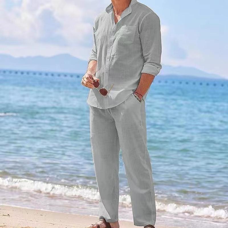 Plus Size Herr Casual Linne Tvådelade Set Europe Style Vintage Basic Toppar och solida byxor Kostym Man Beach Träningsoveraller Set