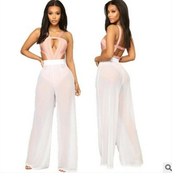 Europejskie i Amerykańskie Damskie Spodnie z Wysokim Stanem i Szerokimi Nogawkami z Siateczki - Seksowne, Przezroczyste, Wyszczuplające, Gotowe na Plażę.