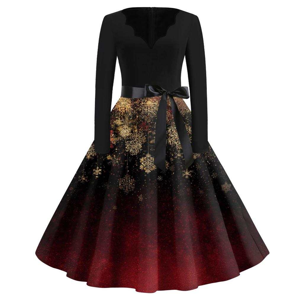 Vestido Feminino Moda Decote V Ajuste Relaxado Estampa de Natal Manga Longa