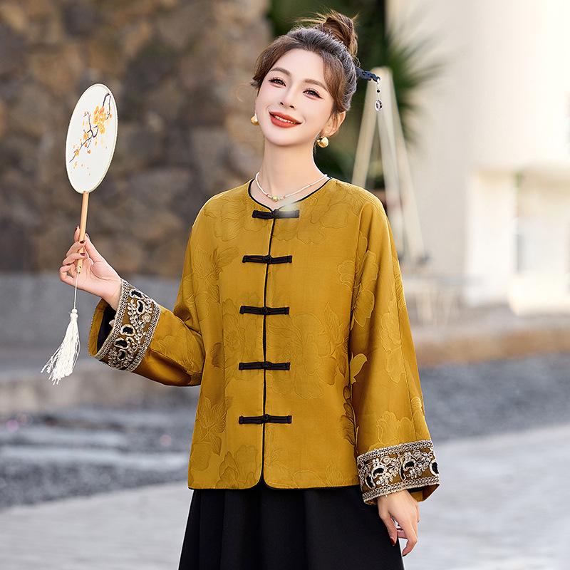 2025 Early Spring Chinese Jacquard Round Neck Frog Button Coat AH66606