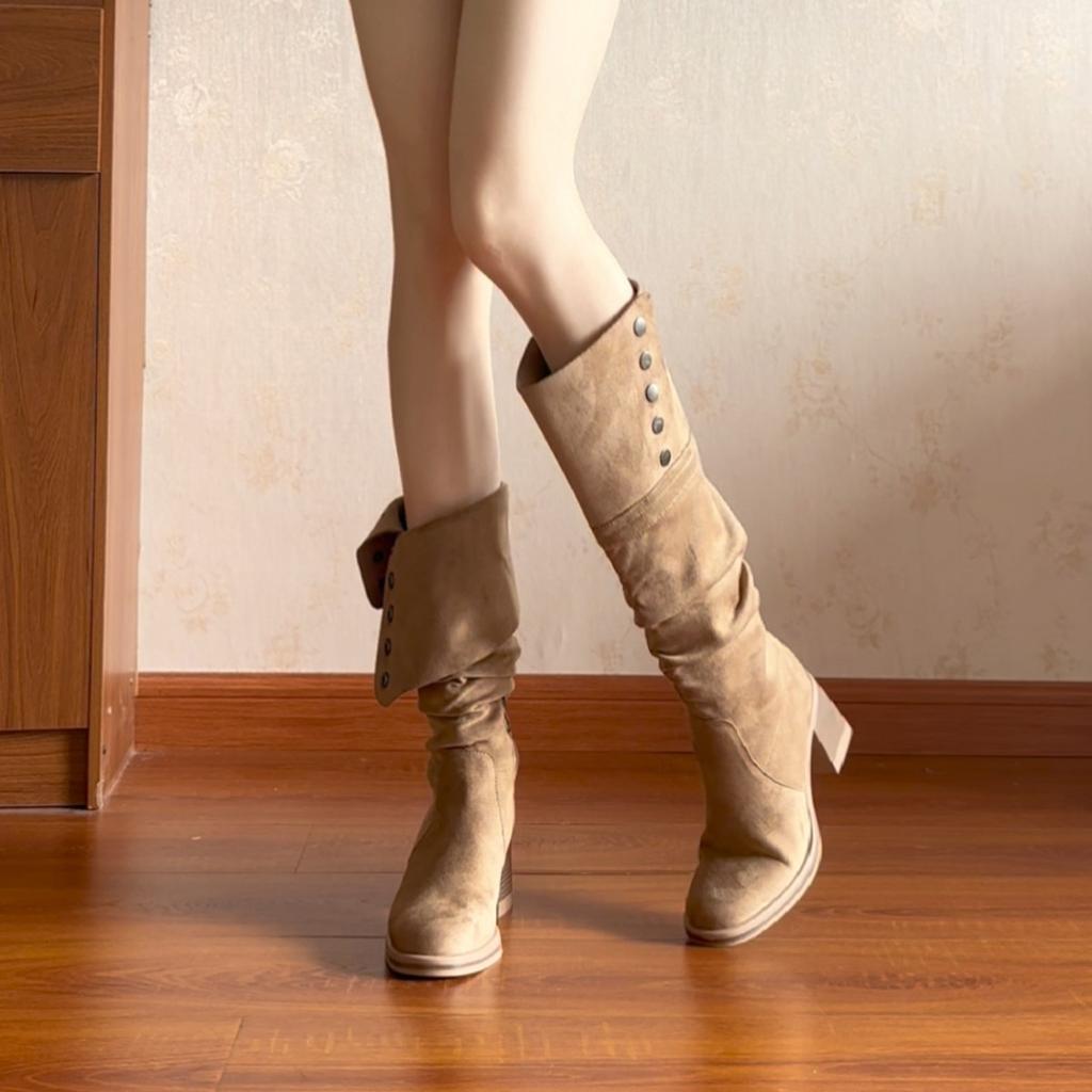 Maillard retro suede two-wear boots women's 2025 new autumn and winter high-heeled stacking boots tall western boots