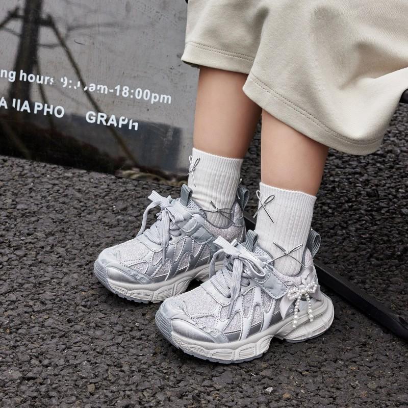 Youth Style Shoes Girls Chunky Sneakers Breathable Mesh Upper Rubber Sole Velcro Fall Casual Sport Shoes
