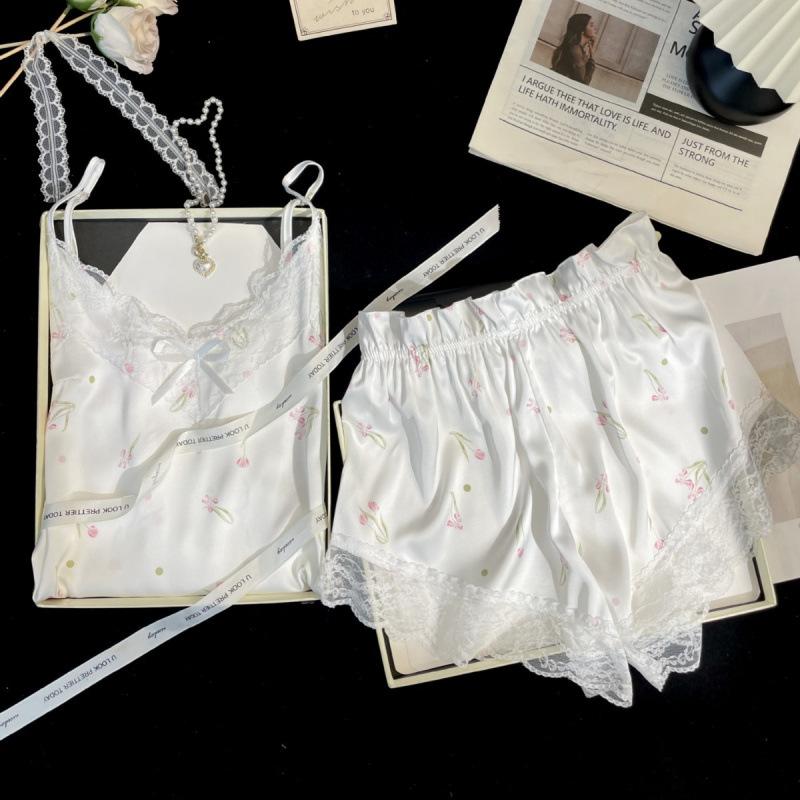 Ice and snow silk pajamas women's summer girls pure desire suspender shorts loungewear set pajamas sweet Korean ins style