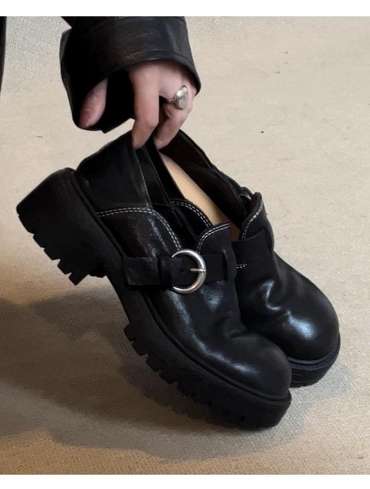 

British style retro leather single shoes belt buckle muffin bottom loafers women s spring, autumn and winter thick-soled thick-heeled small leather 40 чёрный