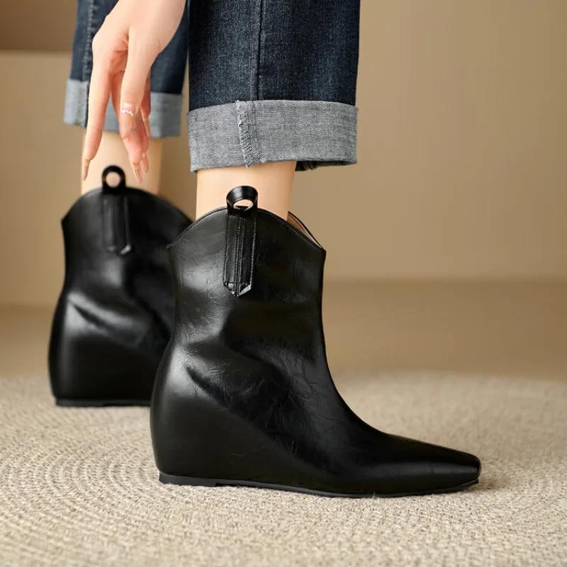 Fashion New Solid Color Interior Height Increasing Slope Heel Fashionable Short Boots Winter Black Brown Short Plush Warm Women's Shoes