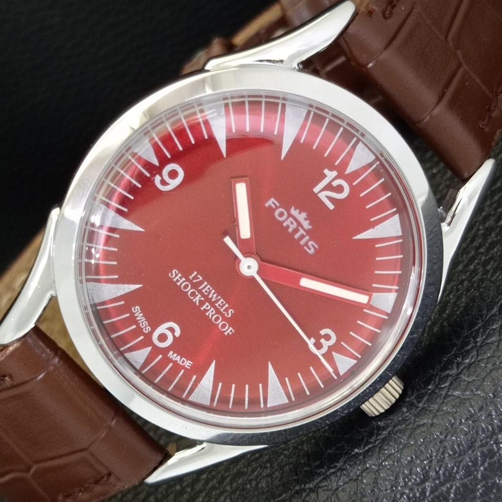VINTAGE HAND-WINDING SWISS MENS REFURBISHED RED COLOR DIAL WATCH A701011-5 R205a-a701011