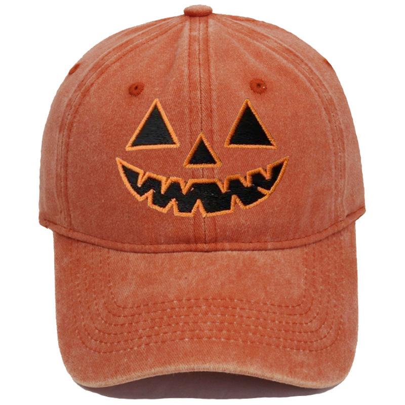 Cross-border Bestseller: Washed Soft-Top Casual Baseball Cap for Men and Women with Halloween Embroidered Pumpkin Smiley Face