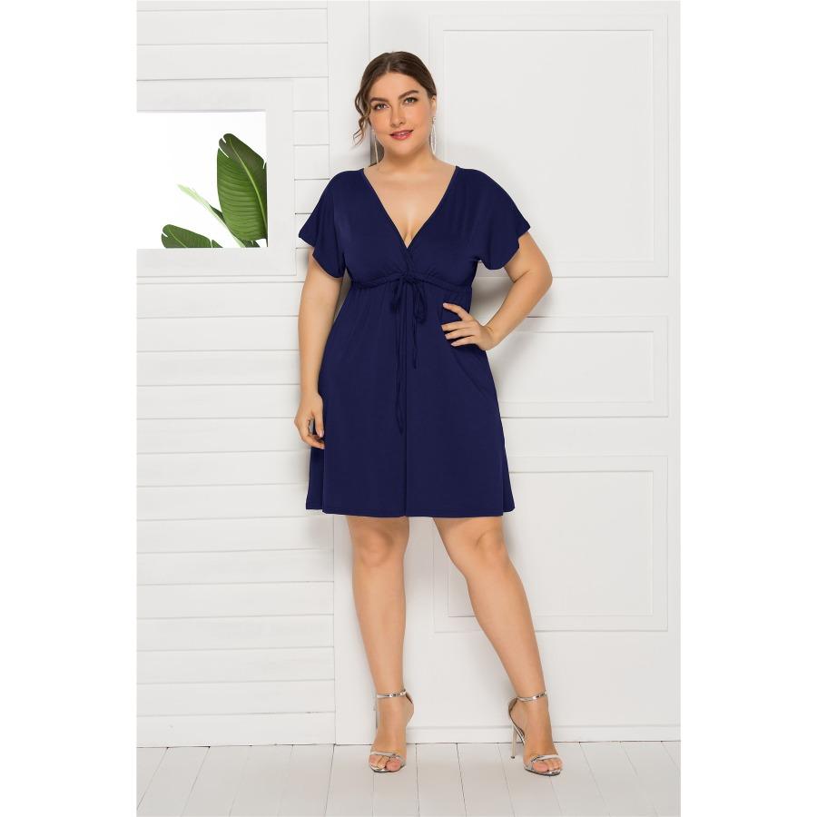 Haine de marime mari Rochii maxi scurte, sexy, supradimensionate, de culoare uni, cu decolteu in V, largi, rochie cu maneca evazata.