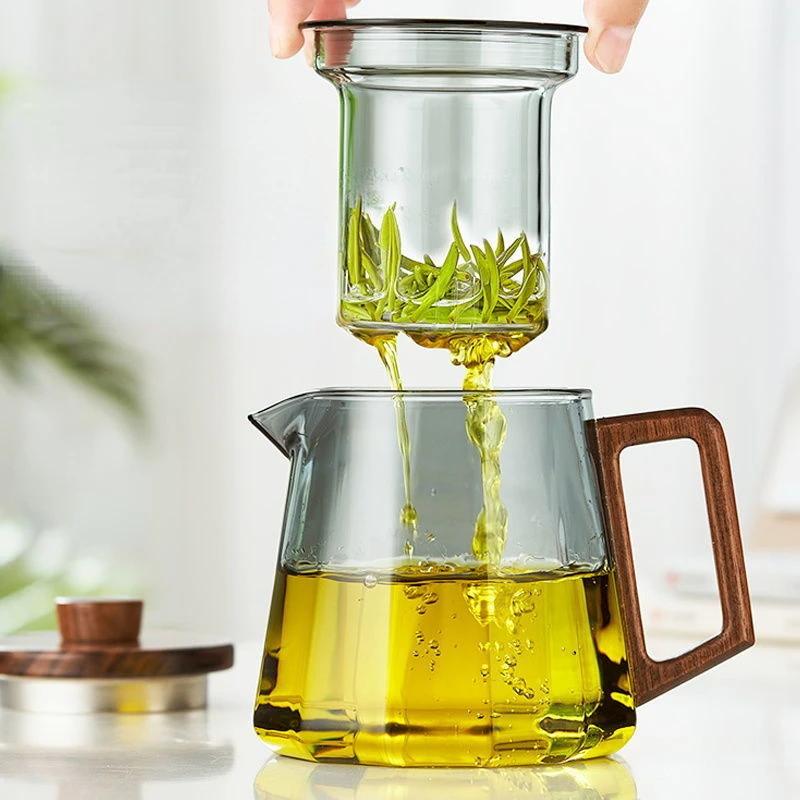 500/800ml Thickened and Heat-resistant Glass Teapot Brewing Tea Set with Wooden Lid Tea Strainer