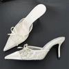 Eilyken Elegant Mesh Fabric Butterfly-knot Pointed Toe Mule Women Slippers Sexy Thin High Heels Party Prom Shoes