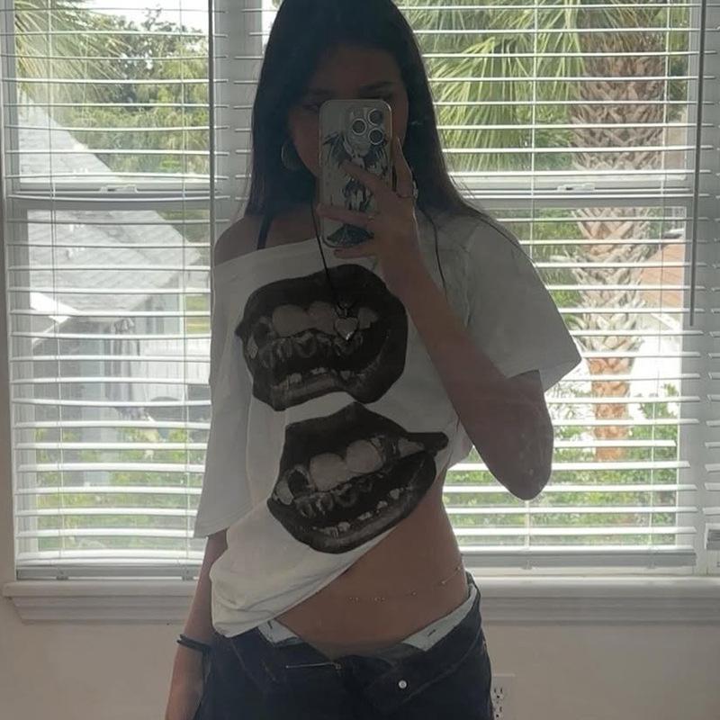 Amerikansk Street Hip Hop Munnprint Løs T-skjorte Dame Personlig Casual Topp