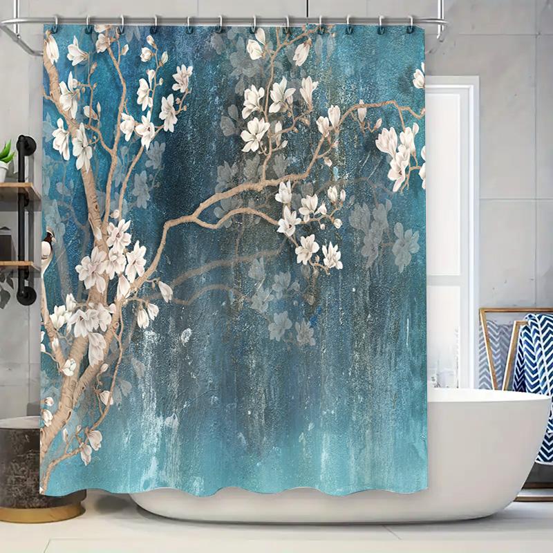 Vintage Blue Bath Curtain with Flowers Print for Modern Bathroom Decor Polyester Shower Curtains Set In Various Sizes