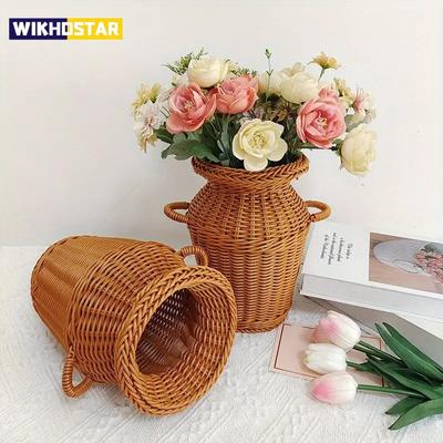 1 szt. Klasyczny styl tkany kosz na kwiaty z rattanu, trwały i zmywalny, chiński retro kompozycja kwiatowa, praktyczne dekoracje domu