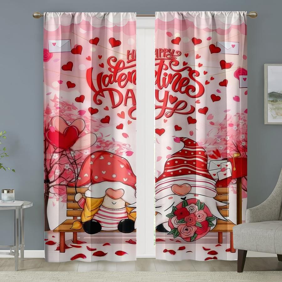 2 Stück "Happy Valentine's Day" Gartenzwerg & Herz Vorhänge   Perfekt für festliche Fensterdekoration Vorhang mit Stangendurchzug
