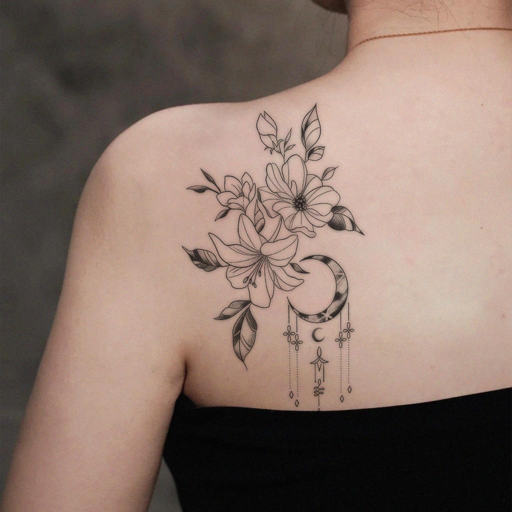 Flower Moon Dream Catcher Tattoo Sticker, Waterproof And Long-Lasting, Fresh Tattoo On Girls' Shoulders And Backs