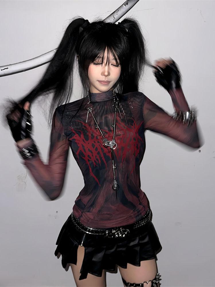 Girls Y2K Tees Mesh Transparent Design Retro T-shirts For Women Sexy Fashion Tops Long Sleeve