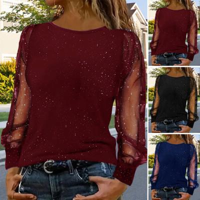Women T-shirt O-neck Mesh Hollow Stretchy Tops Shiny Puff Long Sleeves Soft Rhinestones Regular Fit Tee