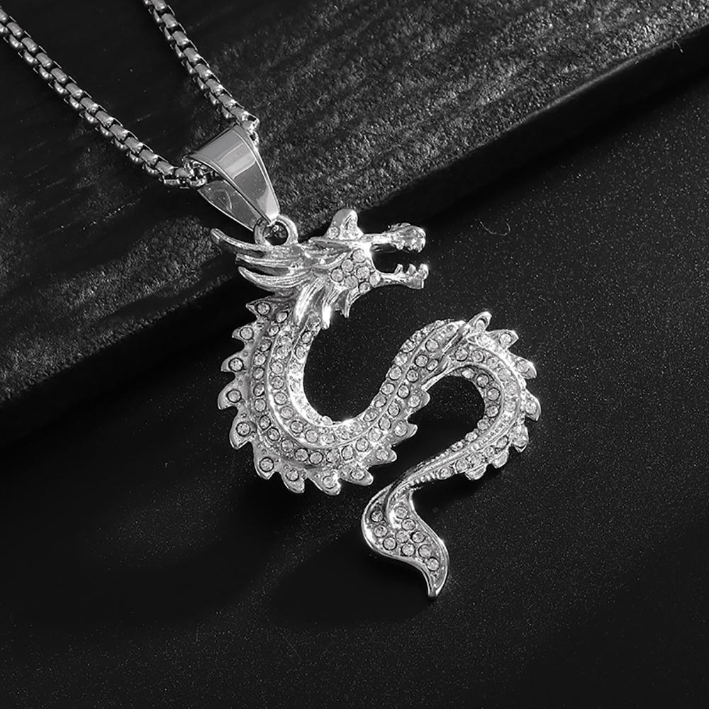 Fashion Hip Hop Bling Iced Out Dragon Round Pendant Necklace for Men Women Stainless Steel Rapper Jewelry Oriental Amulet Gift