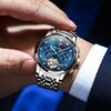 OLEVS Automatic Mechanical Business Hollow Openwork Stainless Steel Gift for Blue Men's Watch, Wristwatch, Dial, Design, Waterproof, Luminous, Band,