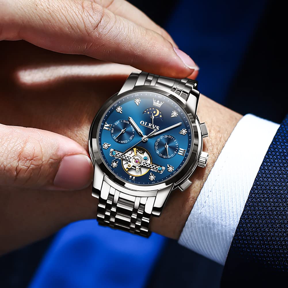 OLEVS Automatic Mechanical Business Watch with Hollow Openwork Luminous Stainless Steel a Great Gift for Men Men's Dial, Design, Waterproof, Band,