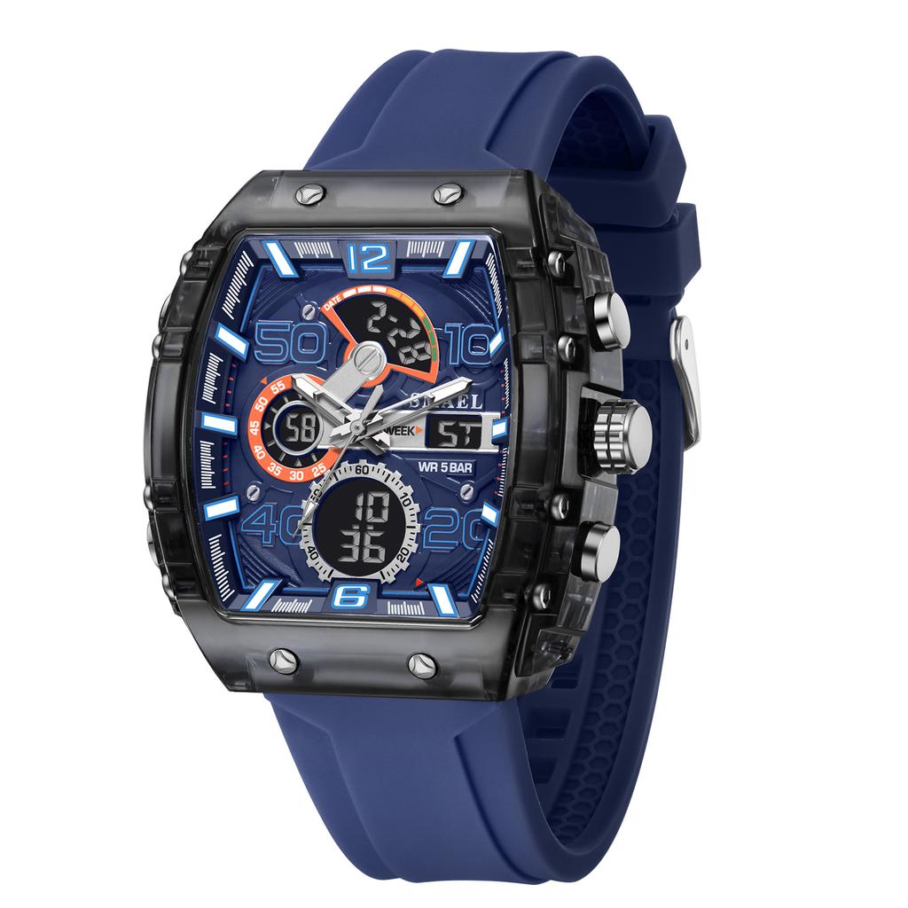 8109 New Men's Square Dual Display Sport Watch - 50M Waterproof Luminous Alarm Chrono Dual Time Multi-Color Silicone Strap
