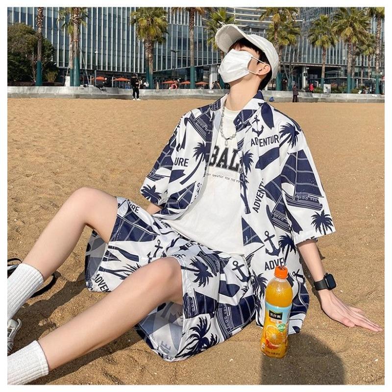 Travel Casual Men's Beach Pants Ice Silk Quick-drying Floral Shorts Seaside Resort Floral Shirt Hawaiian Suit