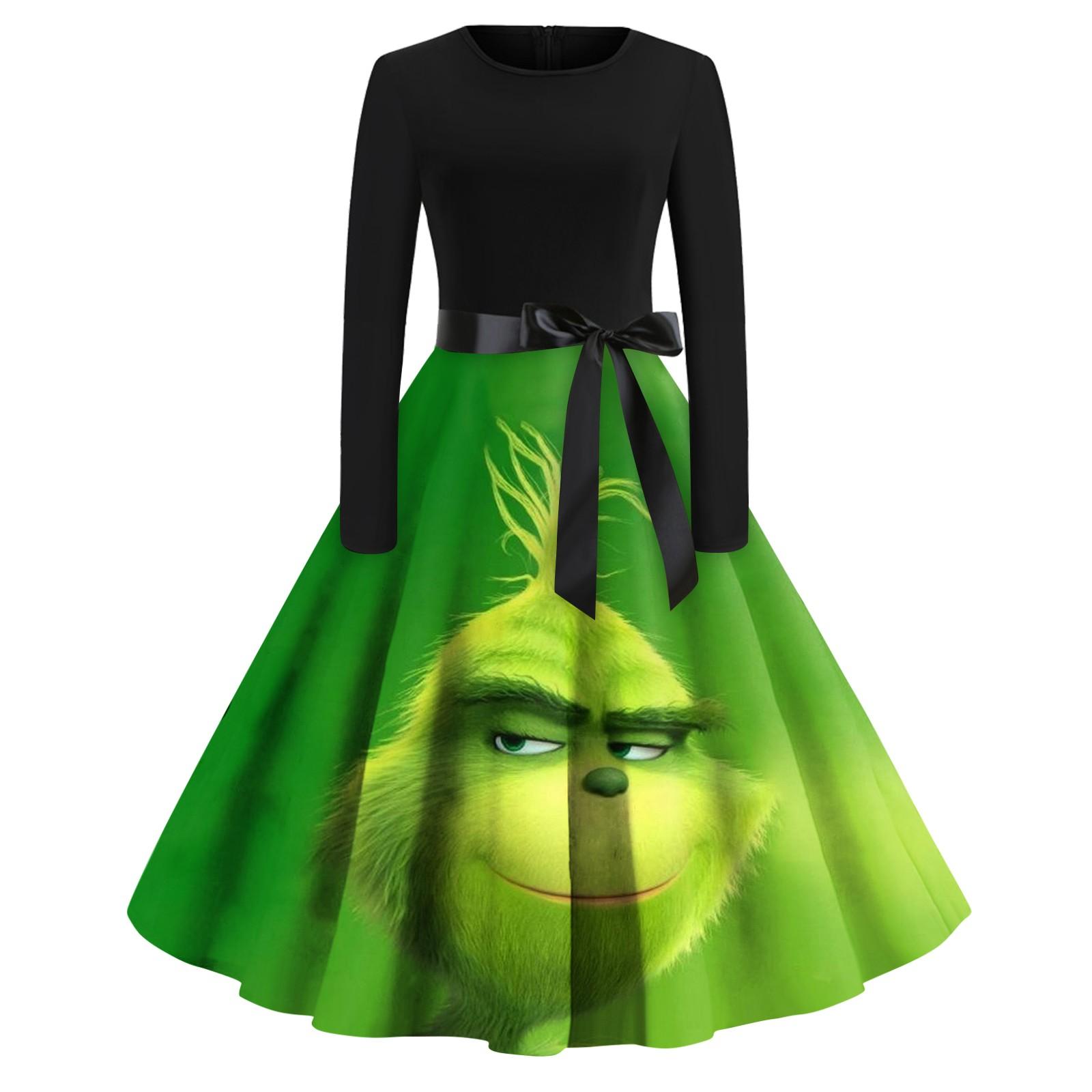 

Женское модное повседневное платье с круглым вырезом и рождественским принтом и длинными рукавами XXL