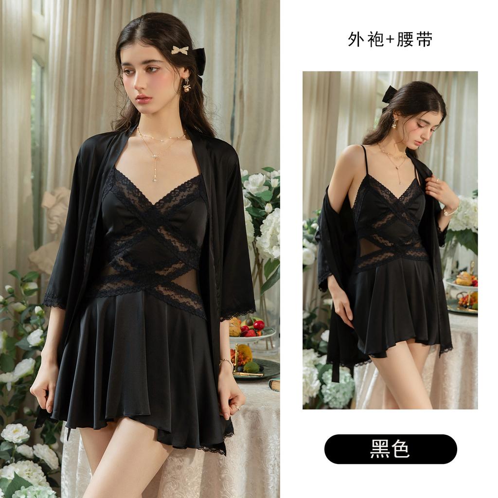 Women Satin Lace 2‑Piece Sleepwear Set V‑Neck Camisole Nightgown With Lace Trim Robe Loungewear