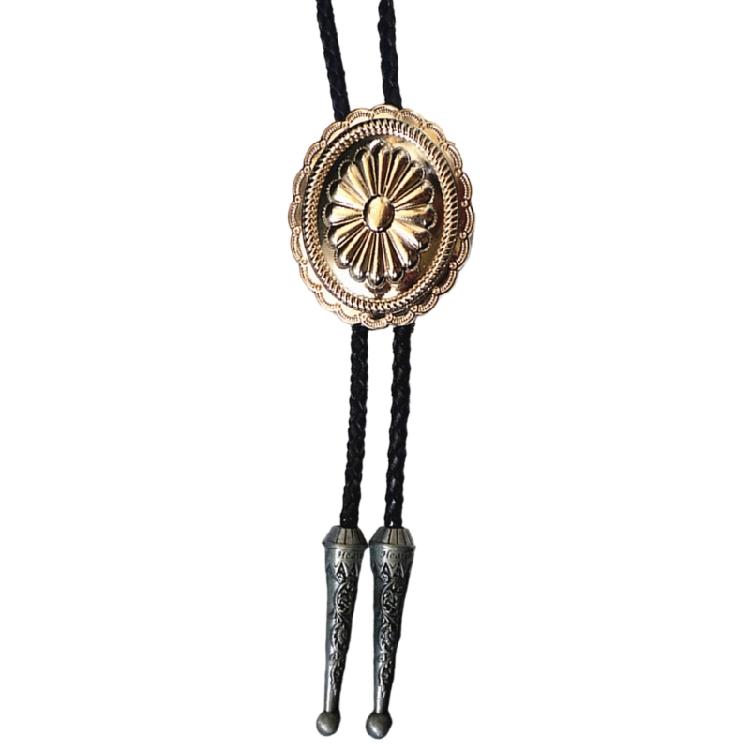 Western Cowboy Vintage Metal Flower Bolo Tie Adjustable Braided Rope Necktie Feathered Pendant Charm Jewelry Necklace