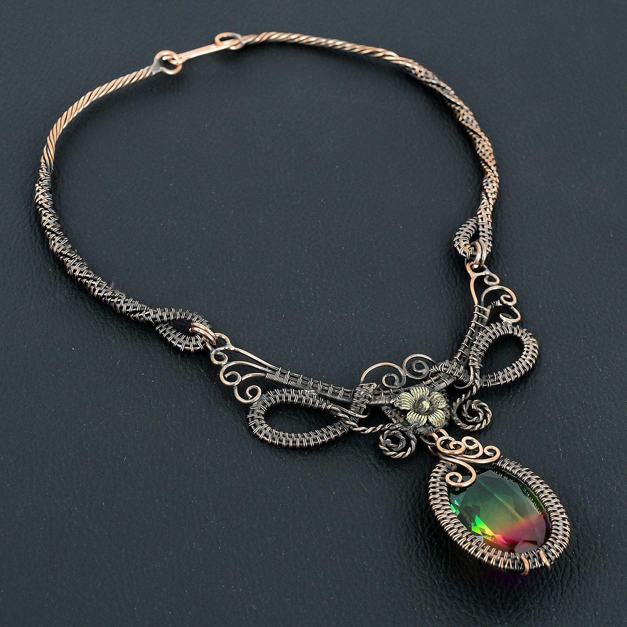 

Bi-Color Tourmaline Necklace Jewelry, 999 Copper Wire Wrapped Gemstone Necklace Handmade Jewelry, For Memorial Day