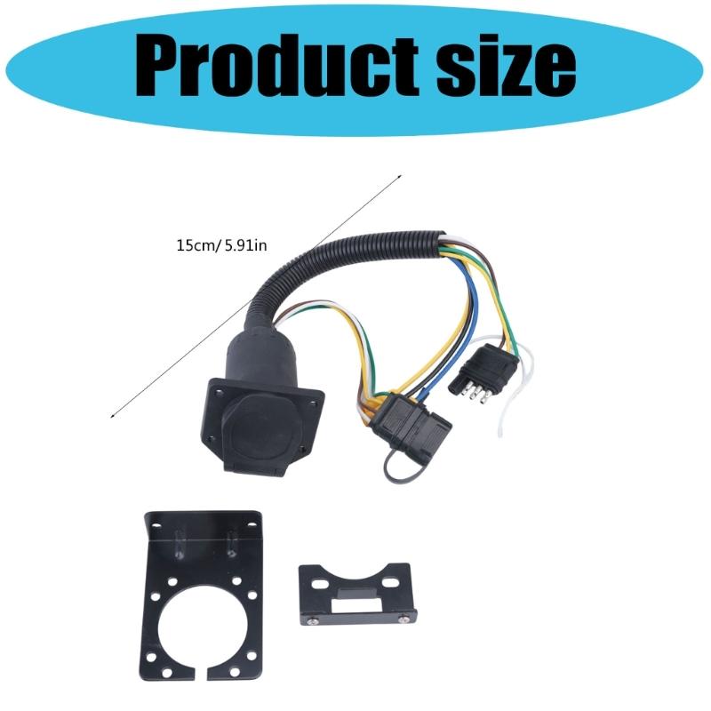 7 Way Trailer Socket Adapter with 4 Flat End and Mounting Bracket, Assembled Wiring Assembly with Flip Cover for Trailer Towing Light Use