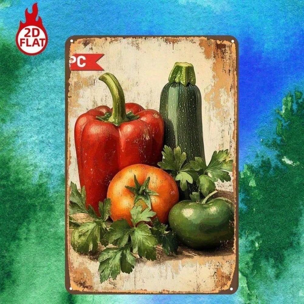 1pc Fresh Vegetables Metal Sign 8x12 Rustic Farmhouse Wall Decor Vintage Bell Pepper Tomato Cucumber Green Apple Tin Plaque