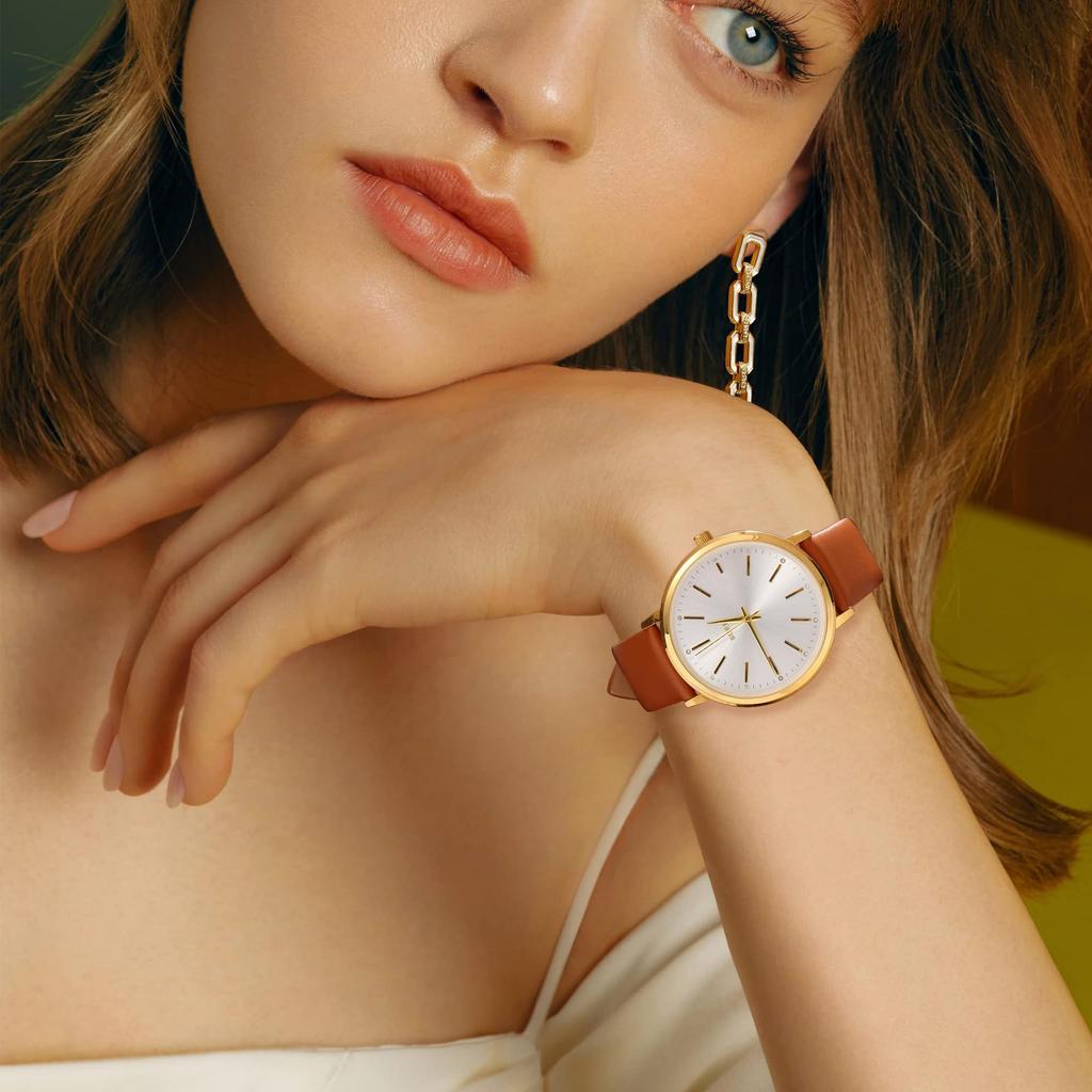 BUREI Damen-Analog-Quarzuhr, Wasserdicht, Beliebte Marke Modeuhr mit Lederarmband, Schlicht, Lässig, Leicht, Stilvolles Geschenk für Frauen (Br