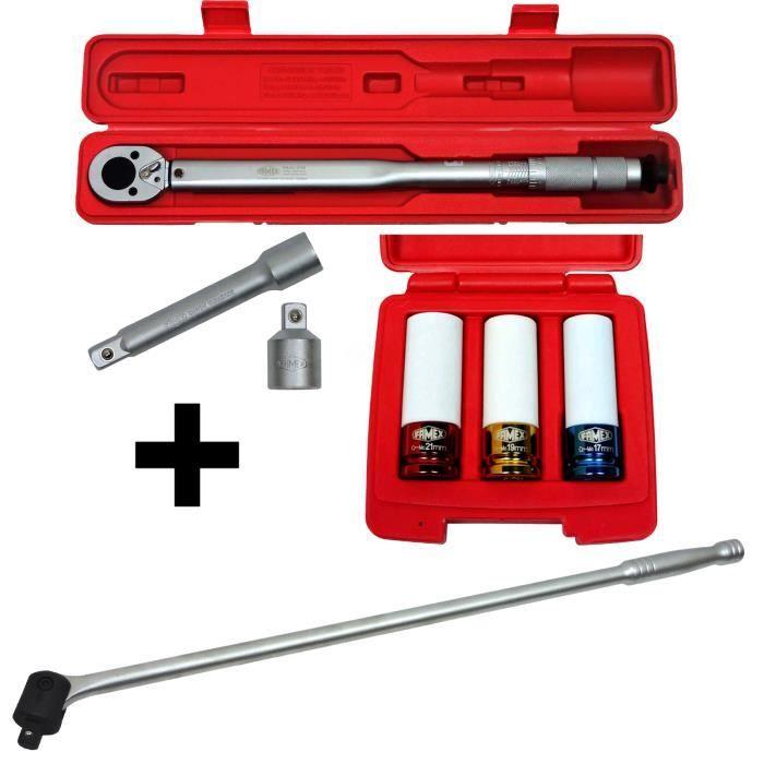 Clé Dynamométrique - FAMEX - 10905 - 1/2" - 30-210 Nm - Kit Avec 3 Embouts 17/19/21