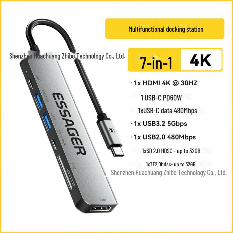 

ESSAGER Qinghong 7-в-1 USB-C хаб: HDMI, Кардридер TF/SD, Многофункциональный разветвитель