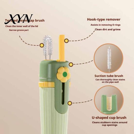 Long Handle Scrubber 5 in 1 Silicone Cup Brush with Handle, Multifunctional Deep Non Slip Cleaning Brush, Non-slip Reusable Cleaner for Baby