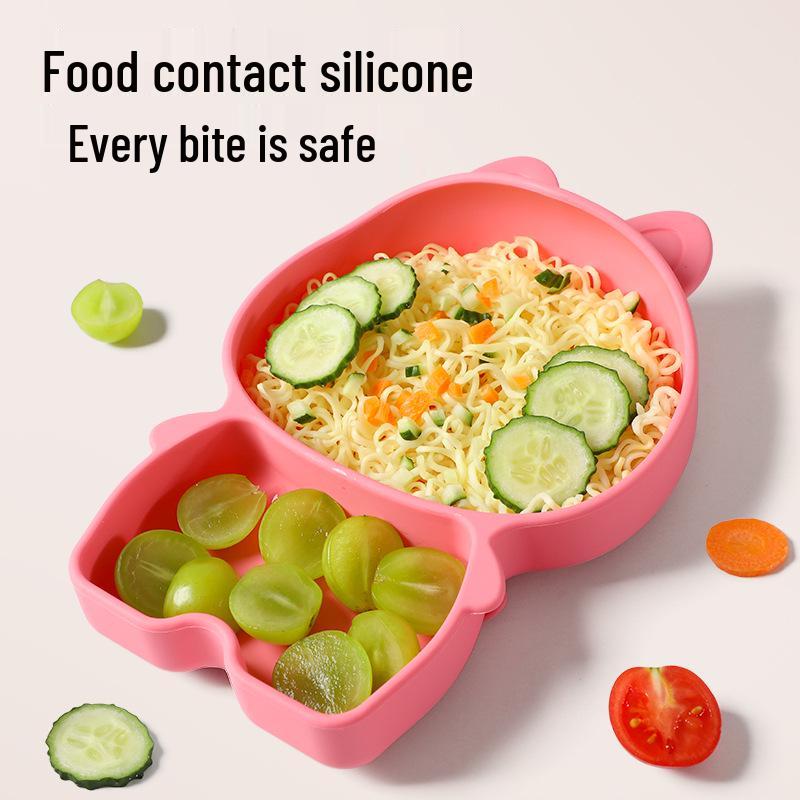 Baby Silicone Dinnerware Set: Silicone Bowl, Cartoon Plate, Bib, Divided Stainless Steel Spoon, Fork, Cup.