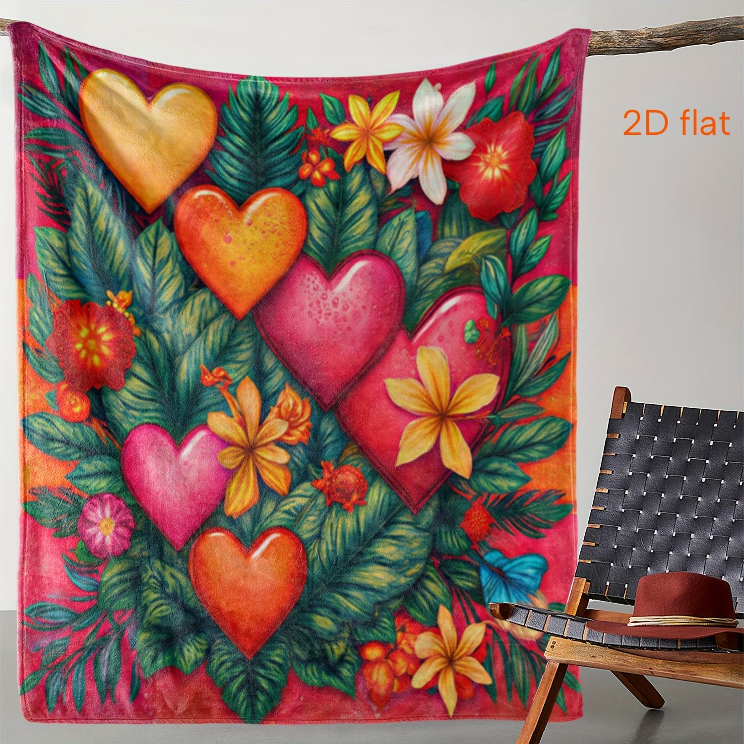Vintage Floral Heart Print Flannel Blanket, Multi-Color Flowers Butterflies Design, Soft All-Season Throw for Women Girls Gift 75x90cm