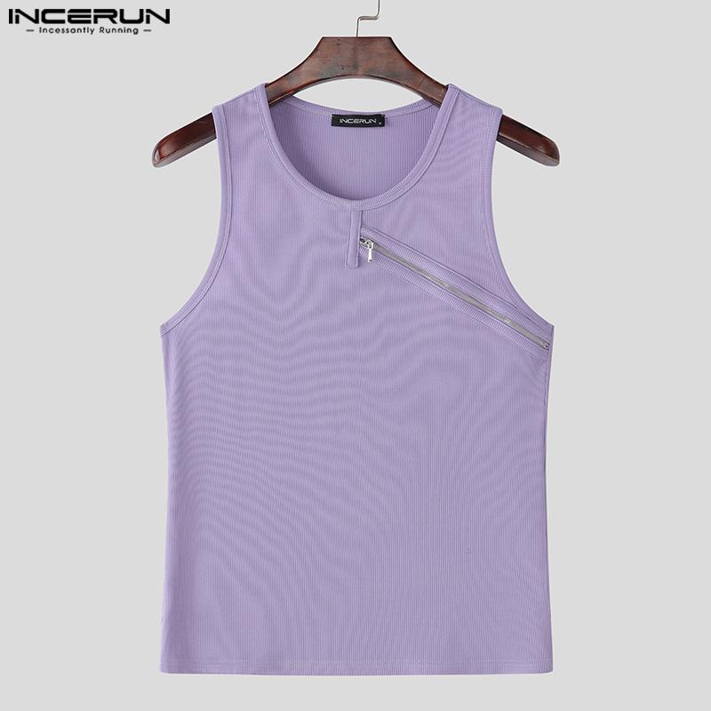 INCERUN Herren Rundhals Ärmellos Reißverschluss Lässig Gerippt Gestreift Tanktops