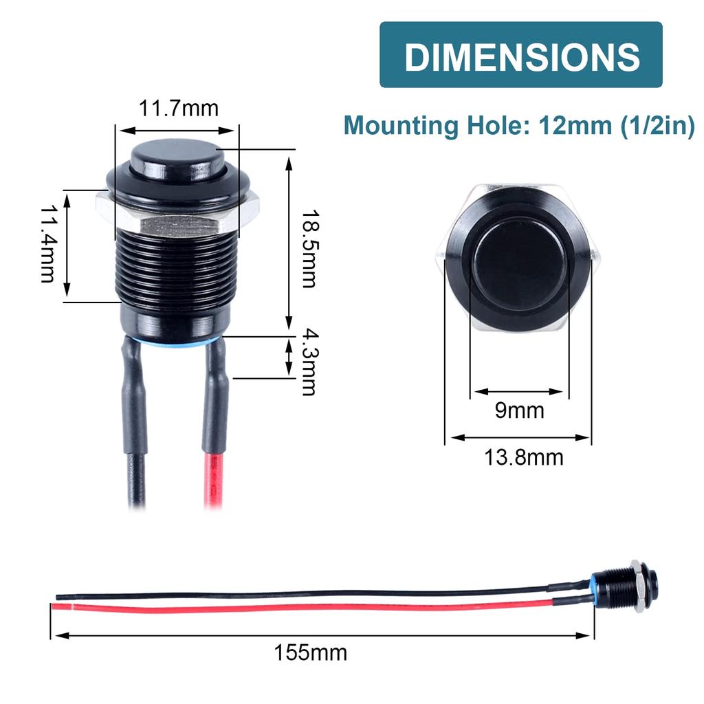 5pcs 12mm Momentary Push Button Switch High Round Head (ON)-Off Normally Open with Pre-soldered Wire Aluminium Alloy Shell 12V
