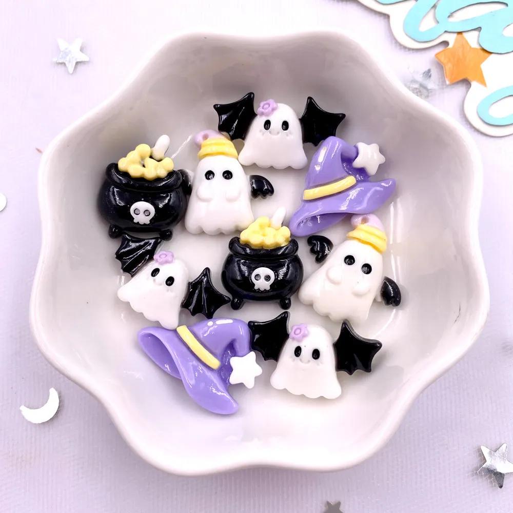 10Pcs Resin Colorful Cute Witch Hat Cat Bat Skull Figurines Flatback Stone DIY Bow Halloween Decor Scrapbook Accessories