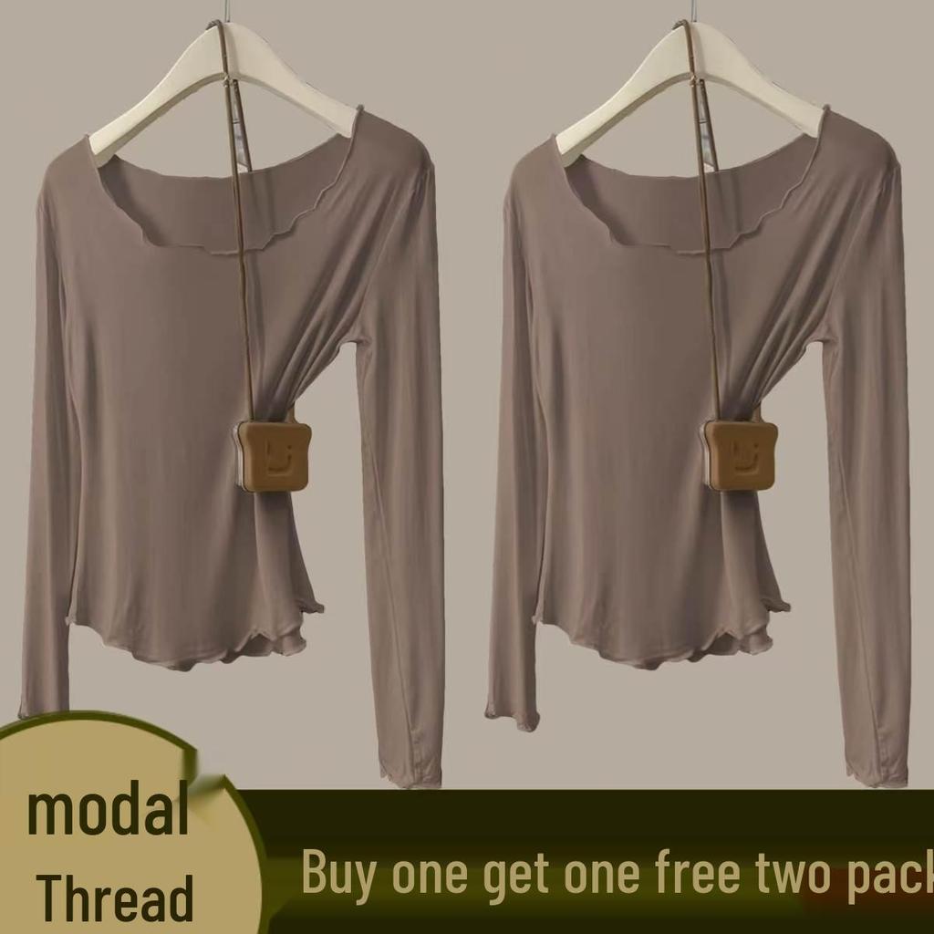 Women's Autumn Modal Ribbed Top: Round Neck, Long Sleeve, Rolled Hem, Base Layer T-Shirt