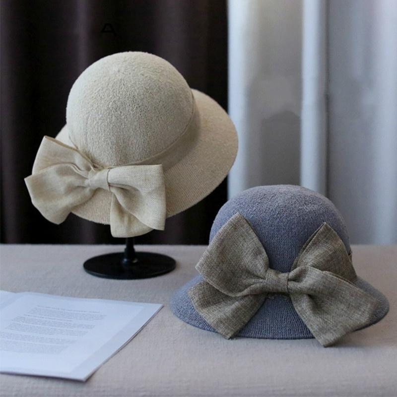 Straw Hat Big Bow-knot Women Summer Hat Solid Color Curled Edge Sun Cap Foldable Vacation Fisherman Hats