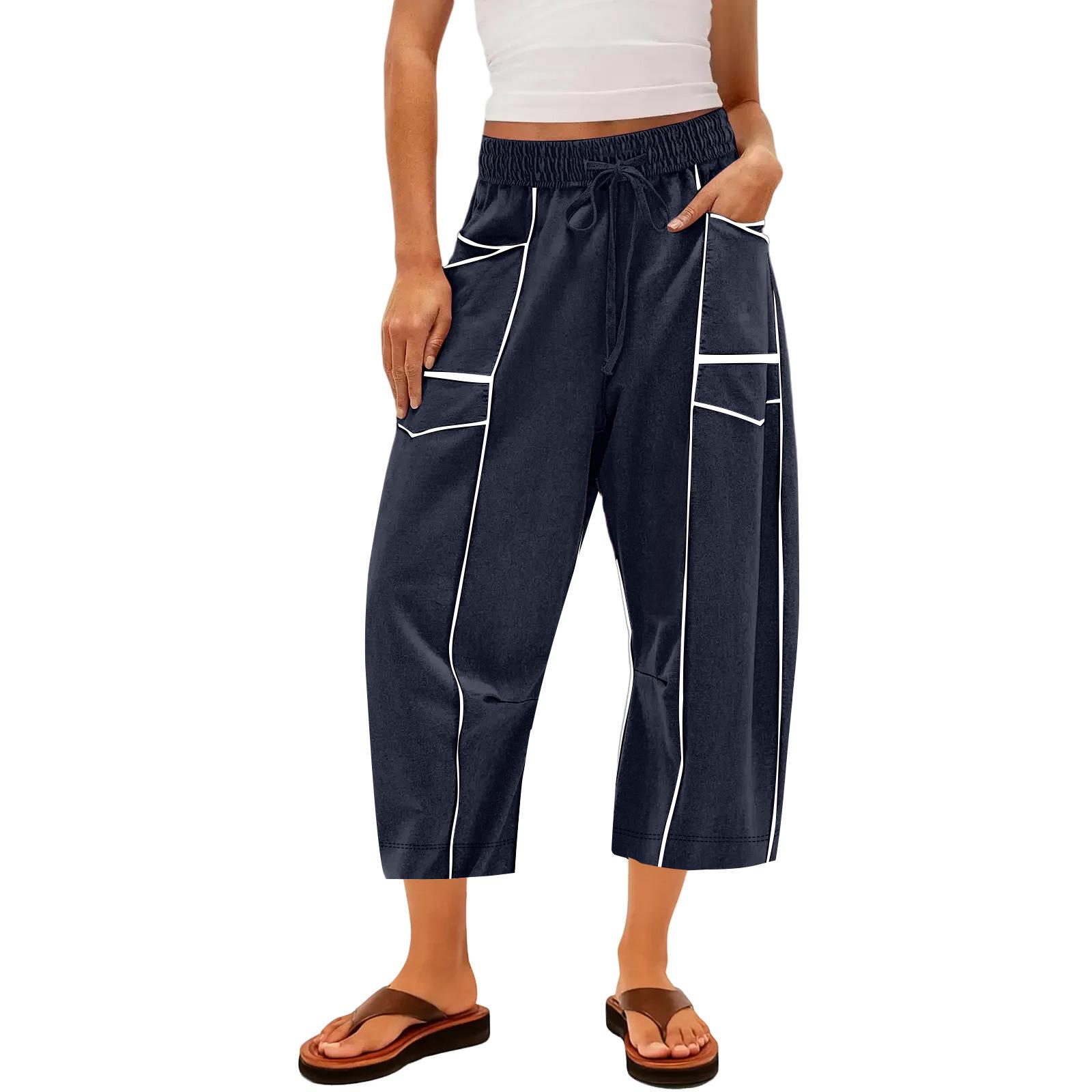 Women’s loose-fit wide-leg trousers; casual summer wide-leg trousers with drawstring waist; casual cropped trousers S