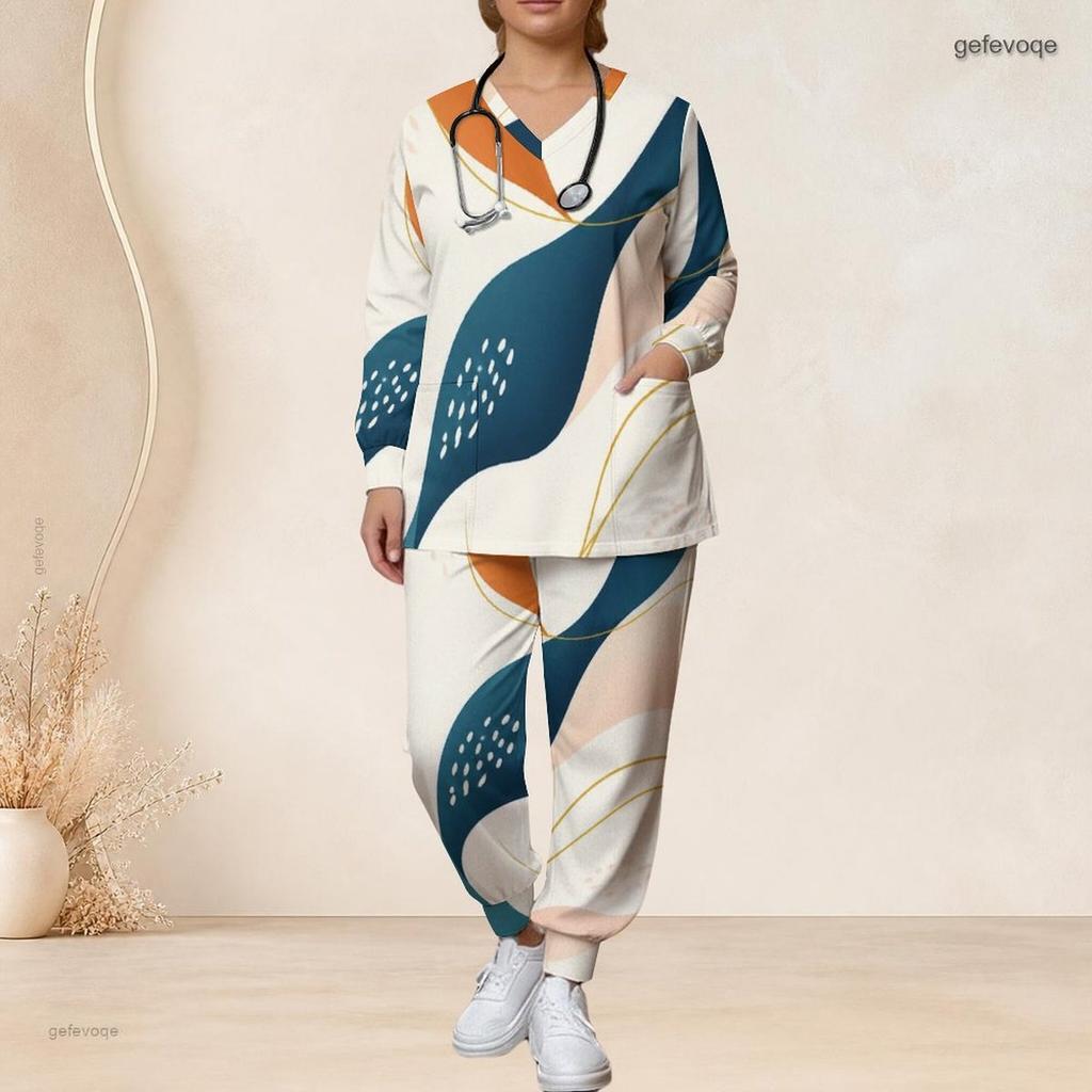 Women Plus Size Printed Nurse Scrub Set V Neck Long Sleeve Pocket Top And Long Pants
